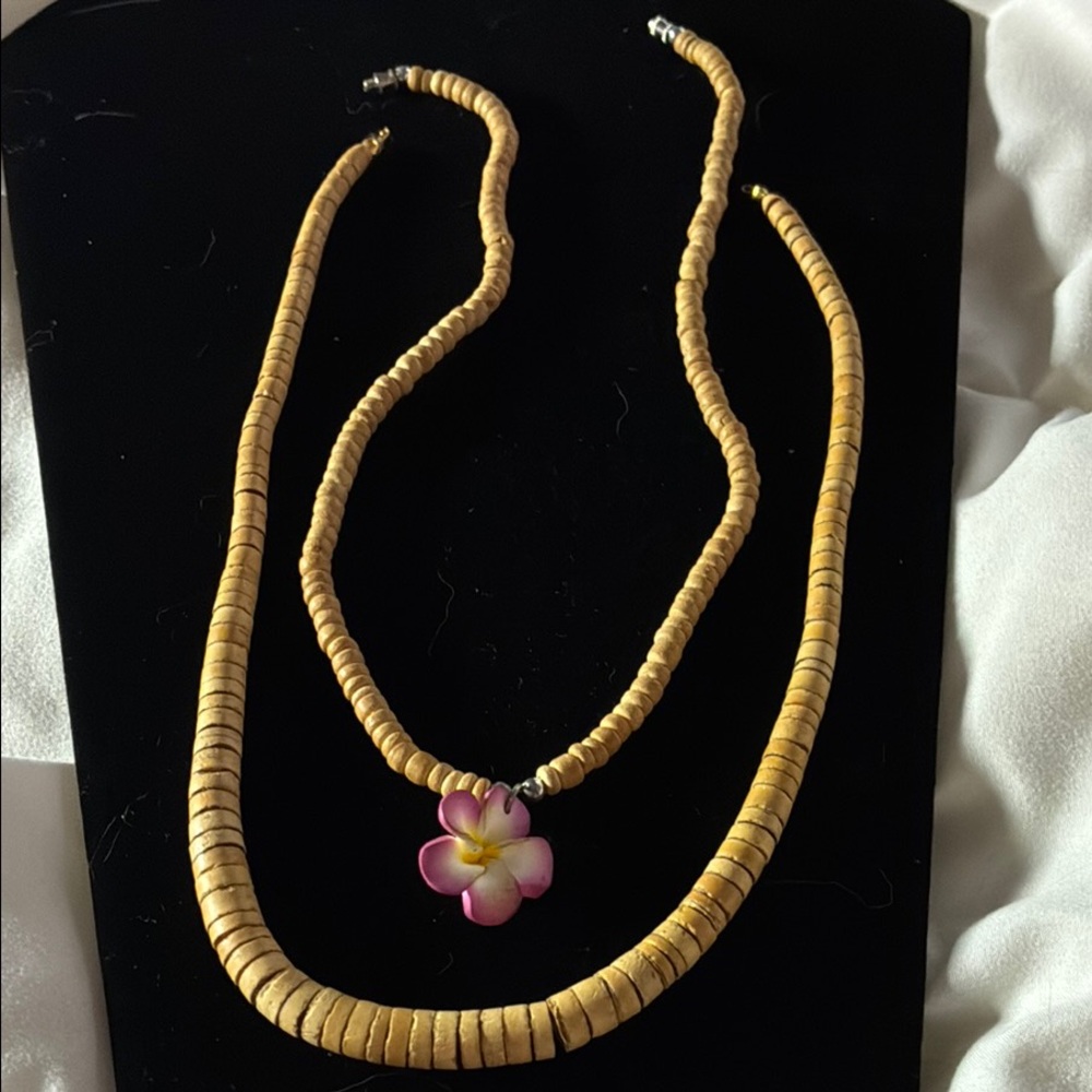 Tan Beaded Necklaces with Pink Flower Pendant 17” lot